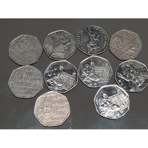 293 - 10 MISCELLANEOUS COLLECTORS UK 50P COINS INCLUDES COMMONWEALTH GAMES, PADDINGTON BEAR AND PETER RABB... 