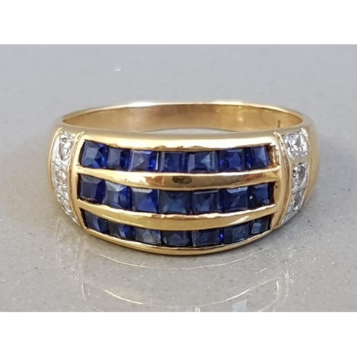 60 - 18CT YELLOW GOLD DIAMOND AND THREE ROW SAPPHIRE BAND 3.8G SIZE K1/2