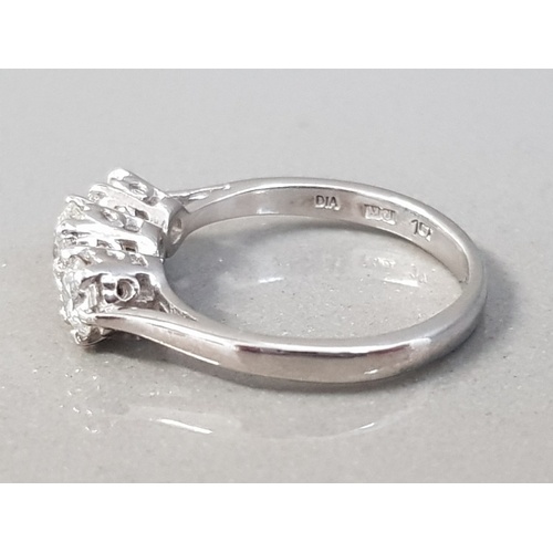 51 - LADIES PLATINUM DIAMOND THREE STONE CLAW SET ROUND CUT STONES APPROXIMATELY 1CT 4G SIZE K1/2