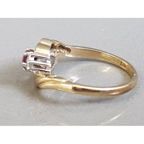 57 - 9CT YELLOW GOLD RUBY AND DIAMOND THREE STONE RING 2.3G SIZE L