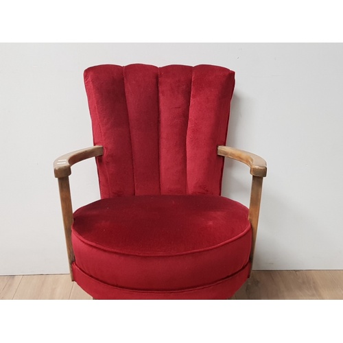 131 - 1930S ART DECO OAK FRAMED RED VELVET BEDROOM CHAIR