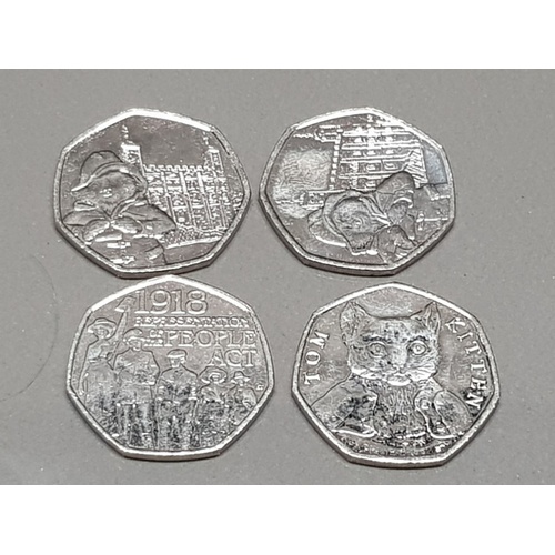 145 - 10 COLLECTABLE 50 PENCE PIECES INC 1918 REPRESENTATION OF THE PEOPLES ACT TOM KITTEN ETC