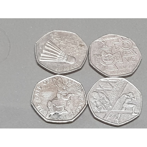 147 - 10 COLLECTABLE 50 PENCE PIECES INC COMMON WEALTH GAMES GLASGOW AND FIFTIETH NHS ANNIVERSARY ETC