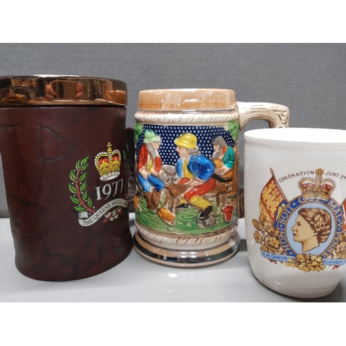 202 - 8 MISCELLANEOUS TANKARDS PORCELAIN, SILVER PLATED AND TIMPSON PEWTER IN ORIGINAL BOX ETC