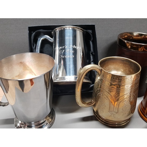 202 - 8 MISCELLANEOUS TANKARDS PORCELAIN, SILVER PLATED AND TIMPSON PEWTER IN ORIGINAL BOX ETC