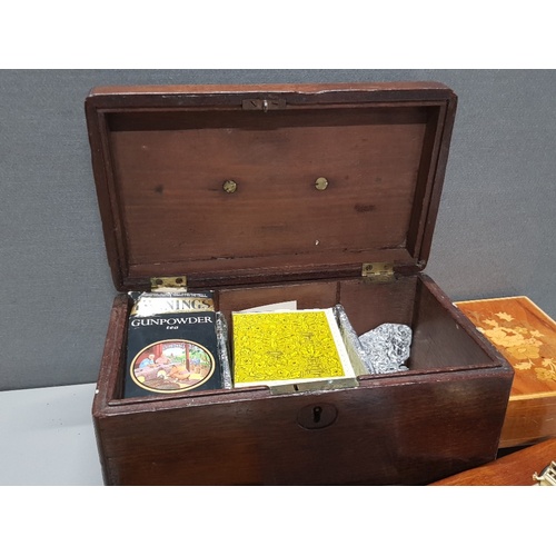 203 - OAK TEA CADDY AND ROLLS ROYCE TRINKET BOX PLUS 4 OTHER WOODEN BOXES