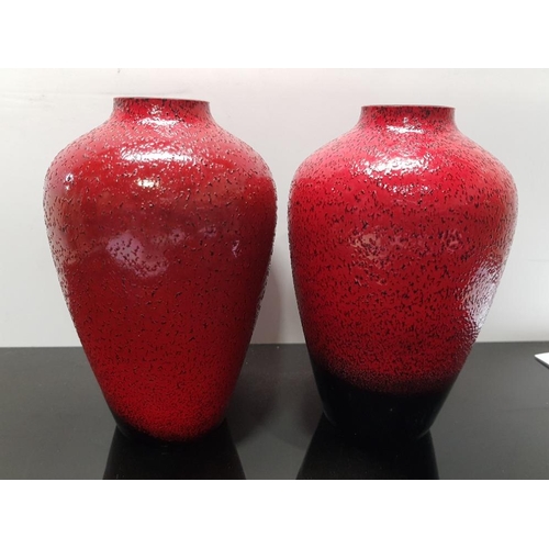 37 - PAIR OF RED DARK CRYSTAL VASES BY STUART STRATHEARN AND DESIGNED BY IESTYN DAVIES