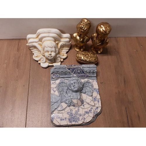 376 - FANTASTIC PIECE OF HANDMADE WALL ART MOSAICWARE TOGETHER WITH GILDED BUSTS AND CHERUB WALL SHELF