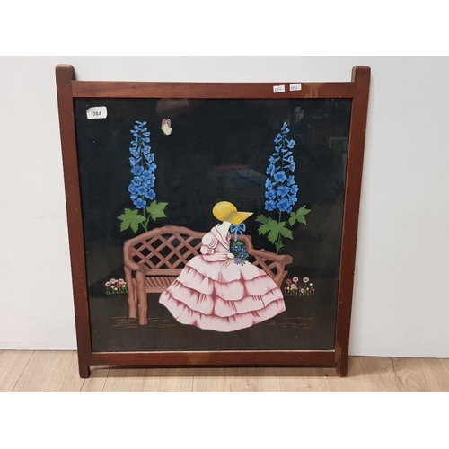 384 - MAHOGANY FRAMED PAINTING ELEGANT LADY, CONVERTED FIRE SCREEN 59CM X 67CM