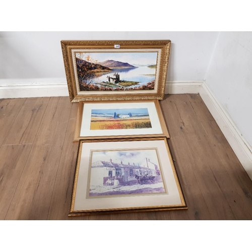 388 - GILT AND GLAZED FRAMED PRINTS OF RURAL SCENES AND OIL ON CANVAS PAINTING OF A SCOTTISH LOCH SCENE