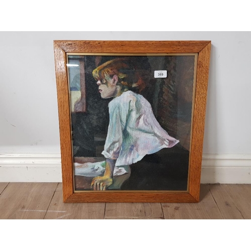 389 - FRAMED AND GLAZED OIL PAINTING ON BOARD OF YOUNG LADY LOOKING OUT OF A WINDOW INDISTINCT SIGNATURE 4... 