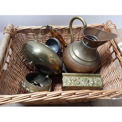 391 - WICKER BASKET OF BRASS KETTLE WITH GLASS HANDLE BRASS JUG, BOX, BELL AND SHIP