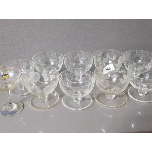 393 - 9 GLASS SUNDAE DISHES OF WHICH 2 ARE HAND ETCHED PLUS 2 BABYCHAM GLASSES