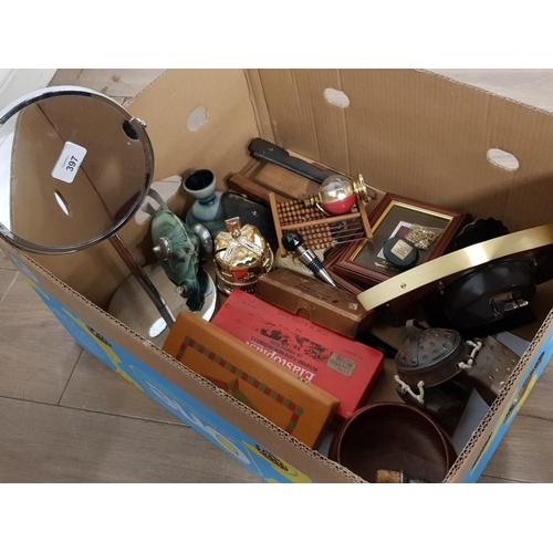 397 - MISC LOT INCLUDING SHAVING MIRROR, COW BELLS, MANTLE CLOCK PLUS FRAMED CIGARETTE CARDS ETC