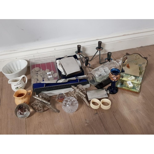 398 - MISCELLANEOUS LOT INCLUDES MINI WHISKY JUGS, GLASS PAPERWEIGHTS, PLATED CANDLE HOLDER AND SILVER HAN... 