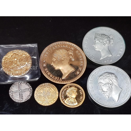 3 - BAG CONTAINING 7 MISCELLANEOUS COINS INCLUDES FANTASIES AND REPLICAS, UNA AND THE LION 5 POUND SILVE... 