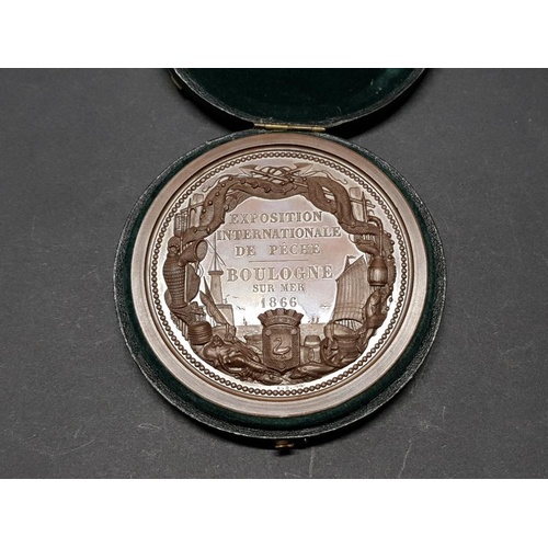 42 - NAPOLEON III FRANCE LARGE COPPER MEDAL FOR THE EXPOSITION INTERNATIONALE DE PECHE, BOULOGNE SUR MER ... 