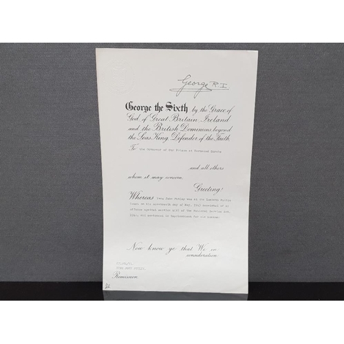 68 - KING GEORGE VI 1895-1952 DOCUMENT SIGNED GEORGE R.I AS KING AT THE HEAD BEING A REMISSION ADDRESSED ... 