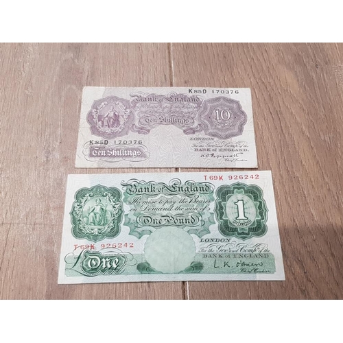 77 - 2 VINTAGE ENGLISH BANK NOTES INCLUDES £1 1955-60 AND A 10 SHILLING NOTE KO PEPPIATT 1948-1949