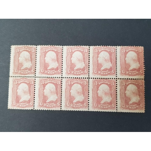 265 - A MINT BLOCK OF 10 U.S.A. 1861 3 CENTS BROWNISH ROSE WASHINGTON STAMPS, THE ODD SHORT PERF AND A LIT... 