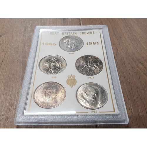 287 - A CASED 5 PIECE UNCIRCULATED SET OF BRITISH CROWNS DATING FROM 1965 TO 1981