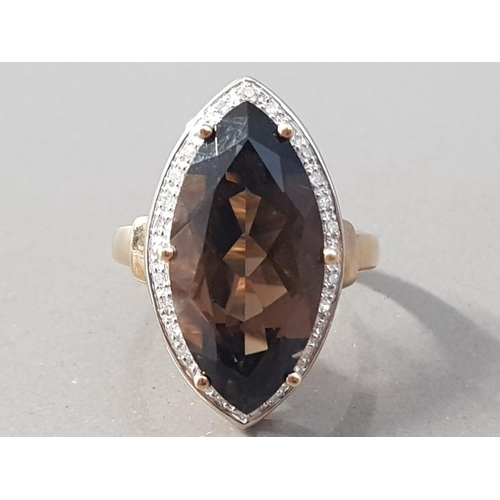 312 - 9CT YELLOW GOLD LARGE MARQUIS SHAPE SMOKEY QUARTZ AND WHITE STONE RING LITTLE DIAMONDS 4.6G SIZE L