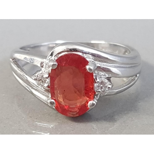 313 - 18CT WHITE GOLD OVAL ORANGE FIRE OPAL STONE SET WITH TWO DIAMONDS 4.6G SIZE N1/2