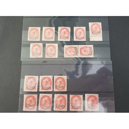 316 - CANADIAN 1899 VICTORIA 2 CENT STAMPS OVERPRINTED ON 3C ROSE CARMINE, 14 MINT EXAMPLES AND 3 WITHOUT ... 