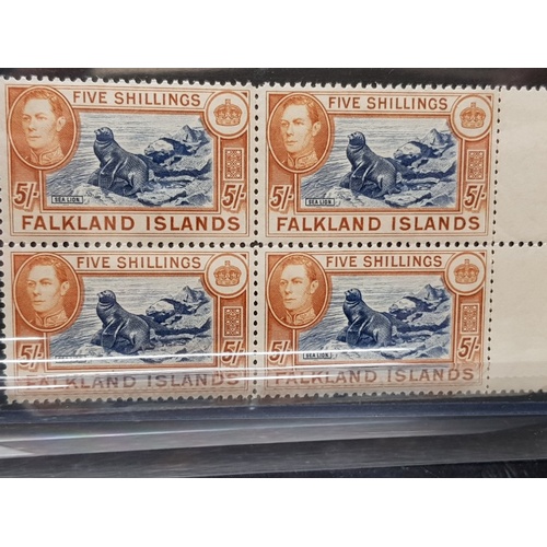 85 - FALKLAND ISLANDS 1938 5S INDIGO AND PALE YELLOW BROWN FINE UM MARGINAL BLOCK OF FOUR STAMPS WITH FUL... 