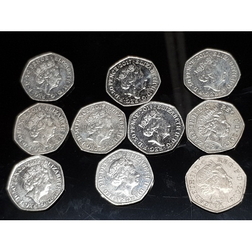 131 - 10 COLLECTABLE 50 PENCE PIECES INC BATTLE OF HASTINGS AND GIVE WOMAN THE VOTE ETC