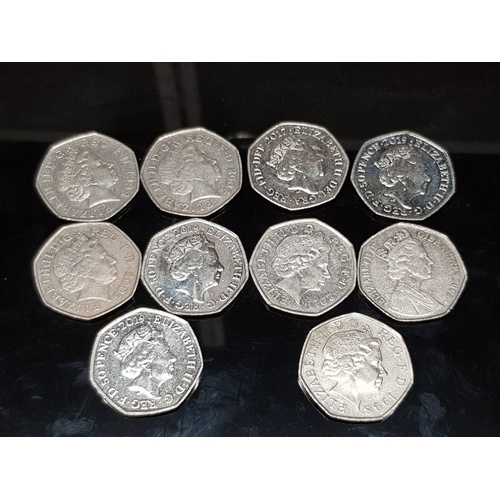 134 - 10 COLLECTABLE 50 PENCE PIECES INC NHS 50TH ANNIVERSARY AND OLYMPIC GAMES BADMINTON ETC