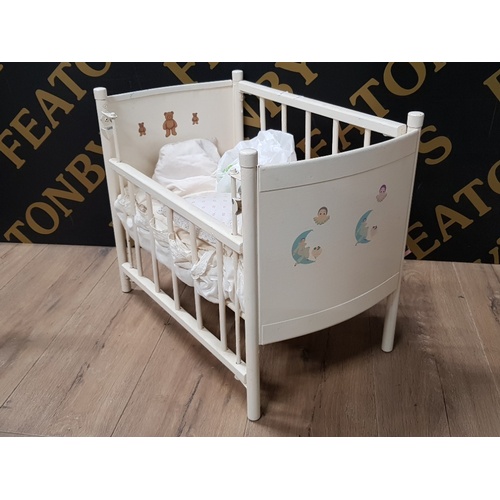 146 - PAINTED DOLLS BENTWOOD ARMCHAIR 42CM PLUS VINTAGE PAINTED DOLLS COT 30CM X 52CM