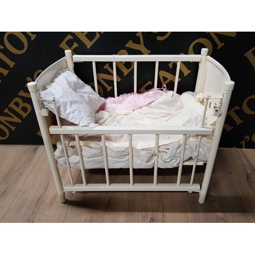 146 - PAINTED DOLLS BENTWOOD ARMCHAIR 42CM PLUS VINTAGE PAINTED DOLLS COT 30CM X 52CM