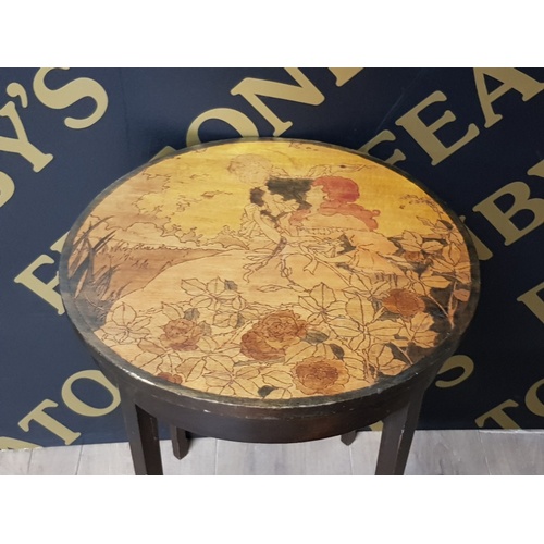 149 - CIRCULAR TOPPED OCCASIONAL TABLE WITH HIGHLY DECORATIVE ETCHED LOVERS WITH ROSES DESIGN