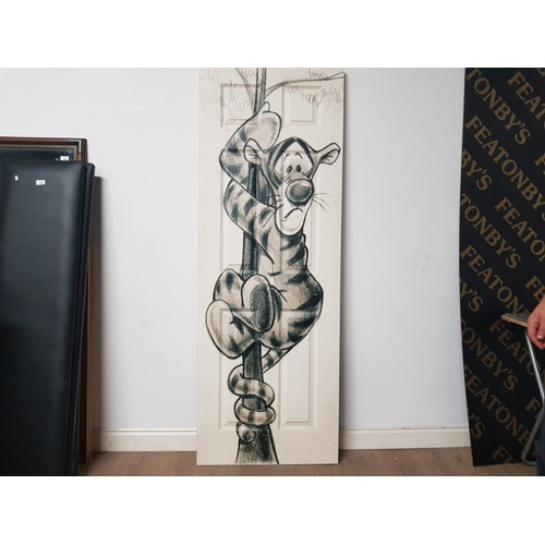 190 - ART WRAPPED BEDROOM DOOR DECORATED WITH A SPIDERMAN AND TIGGER THEME  71.5CM BY 198.5CM