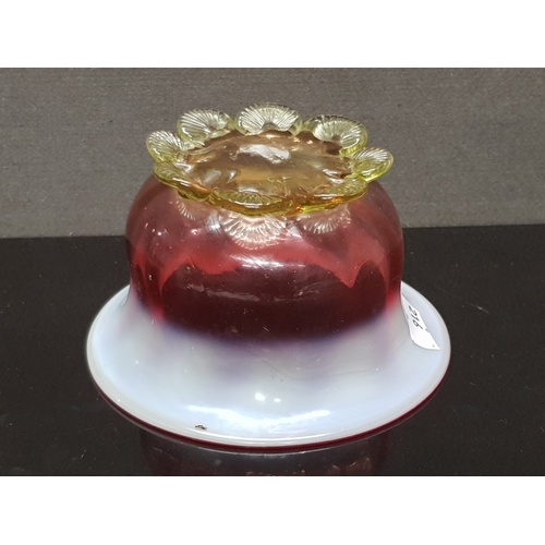 222 - A VICTORIAN HAND MADE MOUTH BLOWN CRIMSON RIM APPLIED CRIMPED BASE