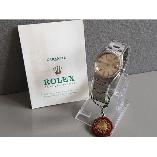 314 - MIDSIZE 31MM ROLEX OYSTER DATE PRECISION AUTOMATIC WATCH WITH SILVER DIAL AND DIAMOND BEZEL WITH OYS... 