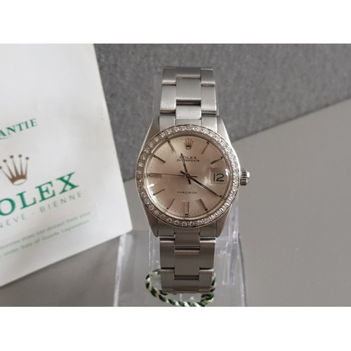 314 - MIDSIZE 31MM ROLEX OYSTER DATE PRECISION AUTOMATIC WATCH WITH SILVER DIAL AND DIAMOND BEZEL WITH OYS... 