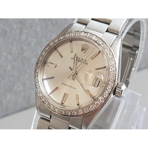 314 - MIDSIZE 31MM ROLEX OYSTER DATE PRECISION AUTOMATIC WATCH WITH SILVER DIAL AND DIAMOND BEZEL WITH OYS... 