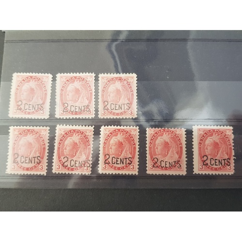 316 - CANADIAN 1899 VICTORIA 2 CENT STAMPS OVERPRINTED ON 3C ROSE CARMINE, 14 MINT EXAMPLES AND 3 WITHOUT ... 