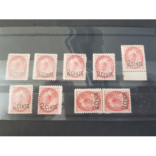 316 - CANADIAN 1899 VICTORIA 2 CENT STAMPS OVERPRINTED ON 3C ROSE CARMINE, 14 MINT EXAMPLES AND 3 WITHOUT ... 