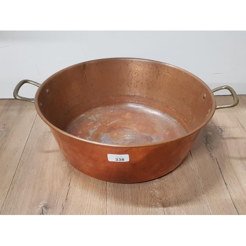 338 - VINTAGE COPPER BOWL WITH TWIN BRASS HANDLES