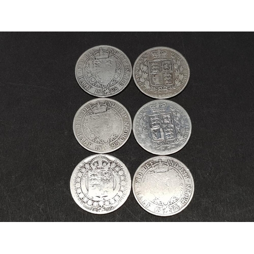 352 - 6 VICTORIAN SILVER HALF CROWNS DATED 1884,1890,1894,1895 AND 1898