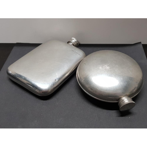 353 - VINTAGE ROUND PEWTER HIP FLASK BY WENTWORTH PEWTER AND VINTAGE OBLONG PEWTER HIP FLASK BY EDWIN BLYD... 