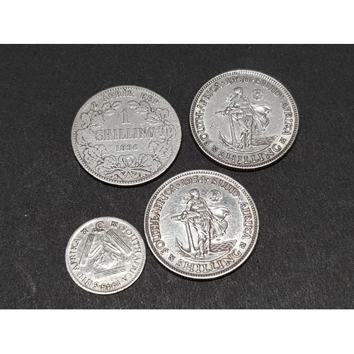 355 - 4 SILVER SOUTH AFRICAN COINS, SHILLINGS DATED 1896, 1934, 1950 AND 1945 3D