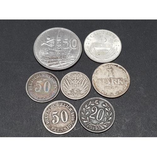 356 - 4 ANTIQUE AND 2 VINTAGE GERMAN/AUSTRIAN SILVER COINS AND A SILVER BELGIUM 50 FRANC COIN