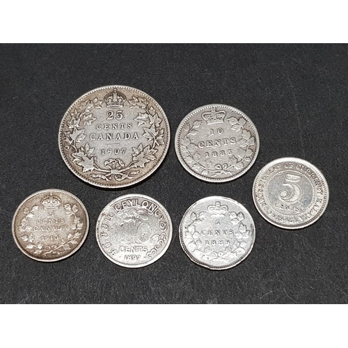 358 - 4 ANTIQUE CANADIAN SILVER COINS PLUS SILVER CEYLON 1897 10 CENTS AND SILVER MALAYA 1945 5 CENTS COIN