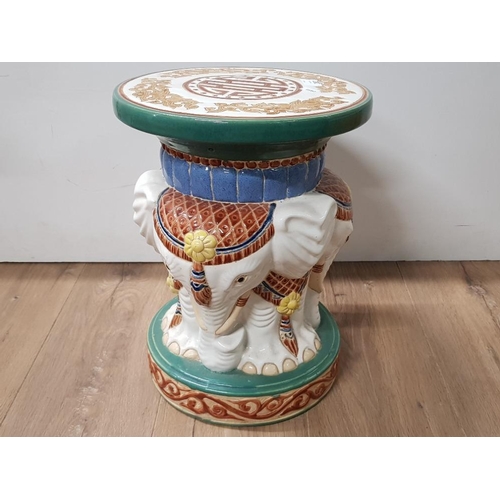 363 - DECORATIVE CHINESE ENAMELLED ELEPHANT STOOL OR PLANT STAND 39CM IN HEIGHT