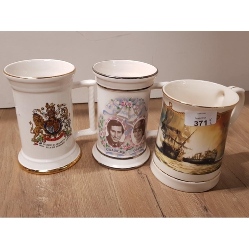 371 - 3 COMMEMORATIVE TANKARDS INCLUDES 2 SYLVAC DIANA, CHARLES AND QUEEN PLUS BATTLE OF THE NILE DANBURY ... 