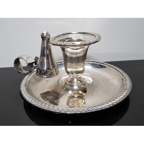 378 - SILVER PLATED CHAMBERSTICK WITH DETACHABLE DRIP PAN AND EXTINGUISHER